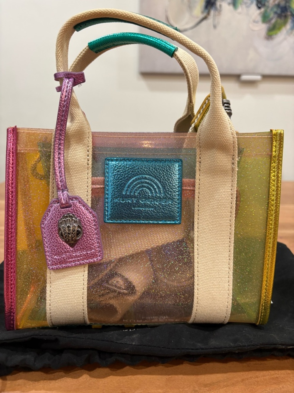 Kurt Geiger Multicolor Iridescent Glitter Tote with Canvas Trim